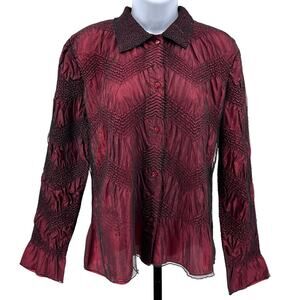 Coldwater Creek Blazer Wine Red Womens M Crinkled Mesh Button Up Collared Peplum